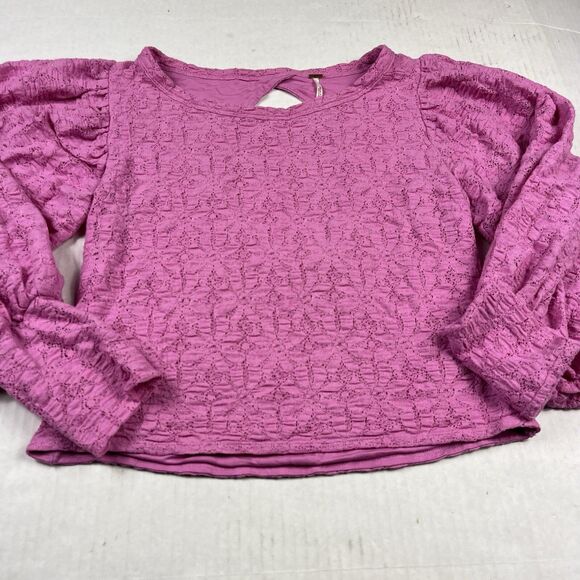 Free People Tea Time Blouse Pink Lace Open Back Boho Romantic Puff Sleeve Large - Picture 3 of 10